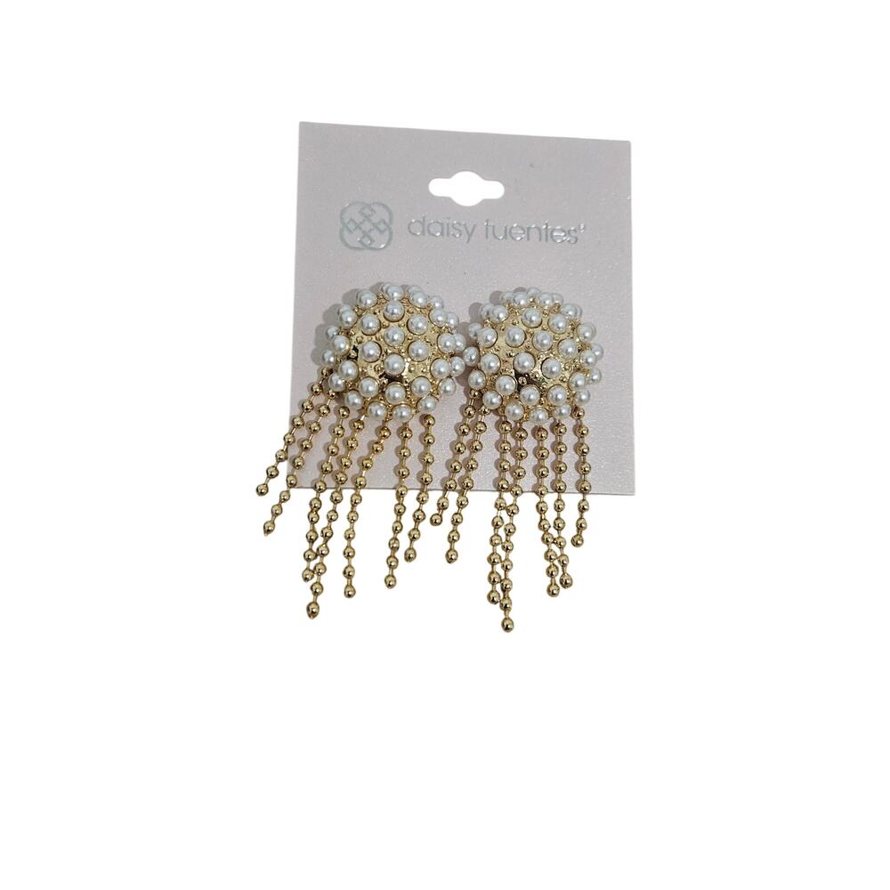 Daisy Fuentes Faux Pearl Gold Tone Chain Tassel Statement Earrings